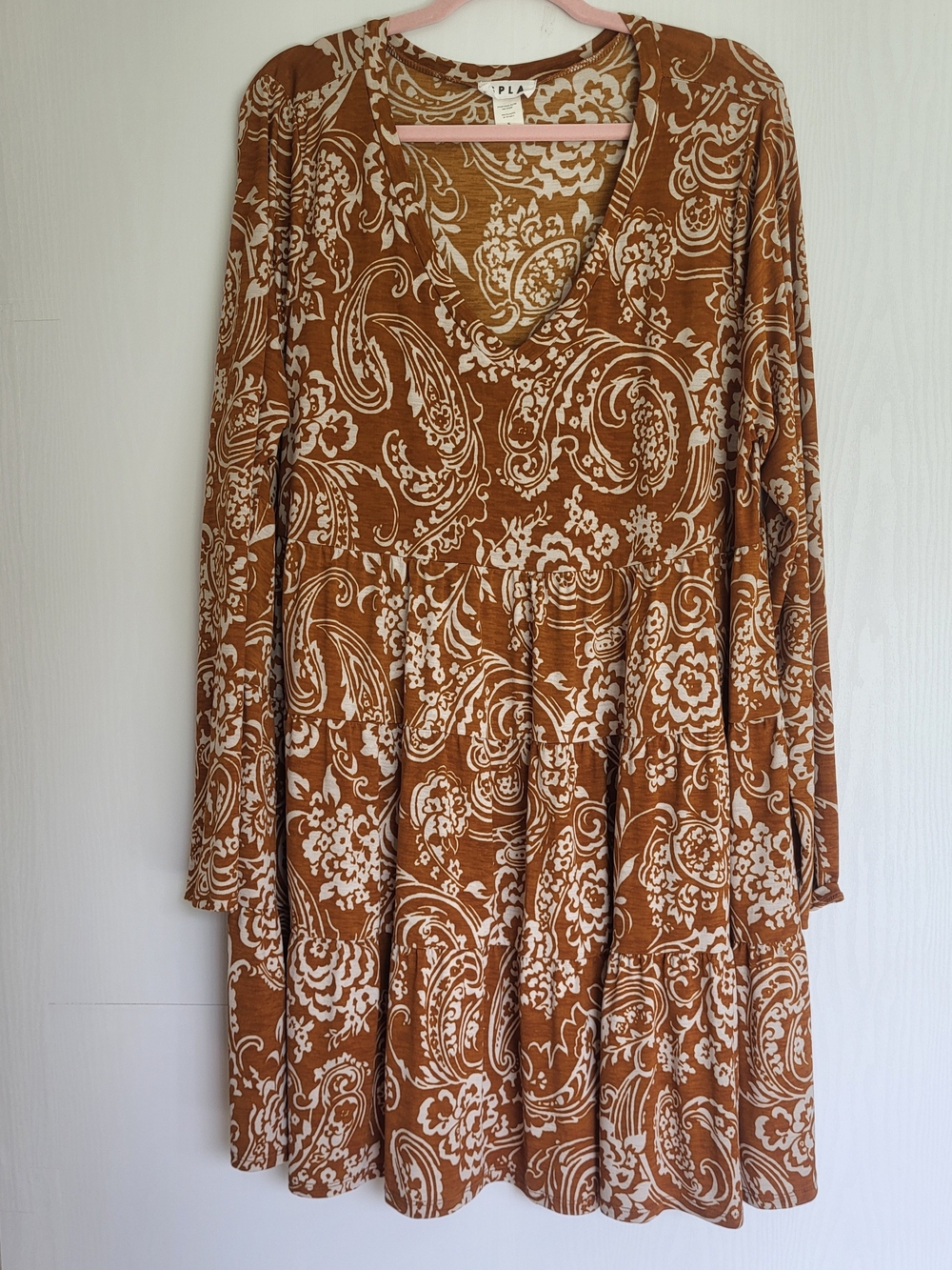 PLA Rust Brown Paisley Long Sleeve V-Neck Dress